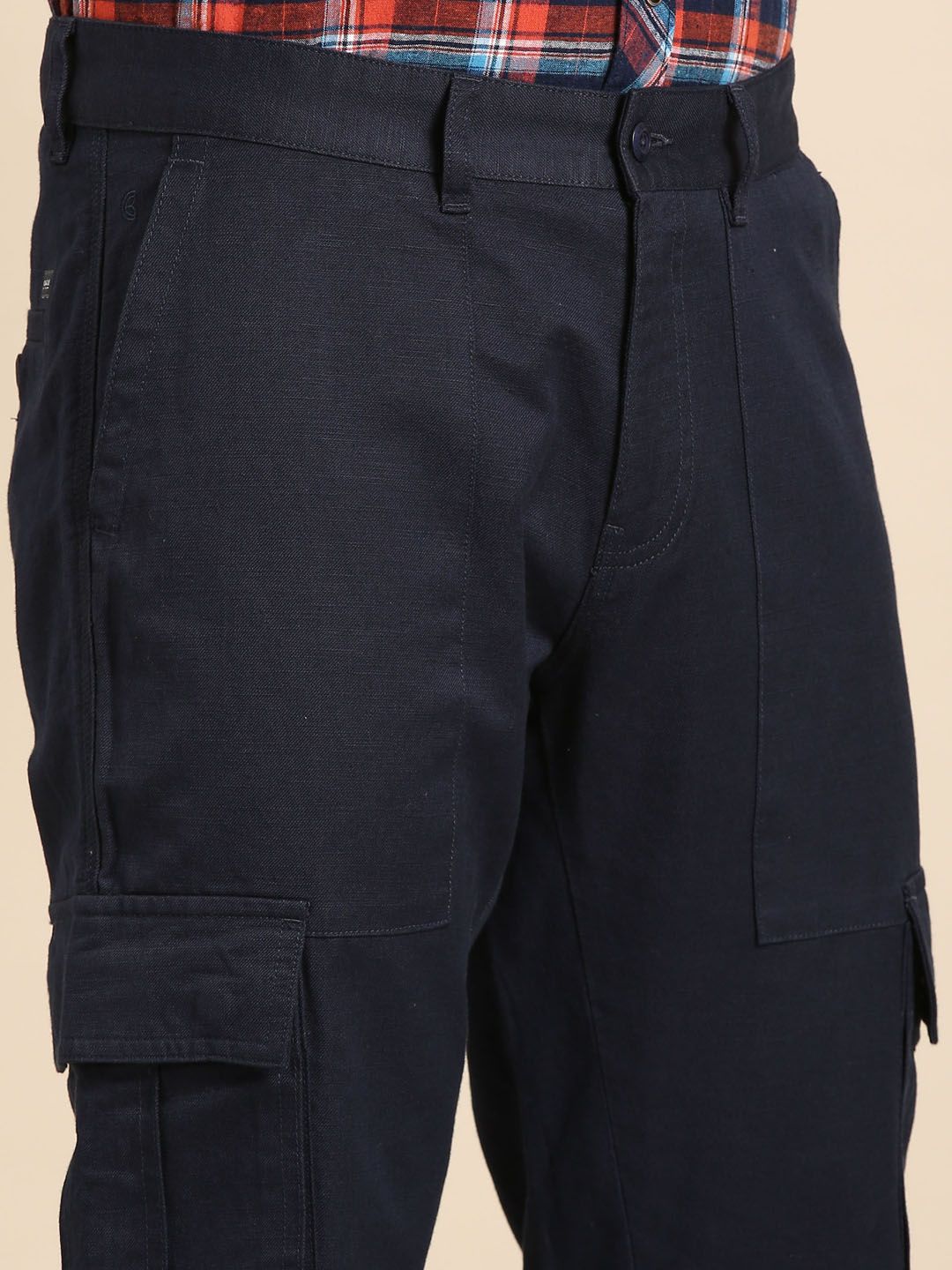 CAVALLO By Linen Club Men's Blended Linen Navy Solid Contemporary Fit Casual Trouser