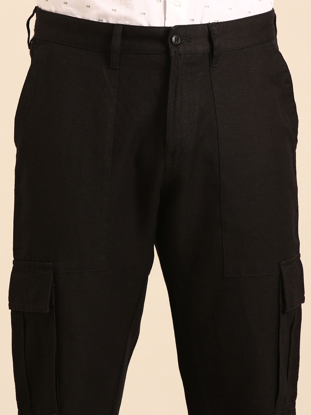 CAVALLO By Linen Club Men's Blended Linen Black Solid Contemporary Fit Casual Trousers