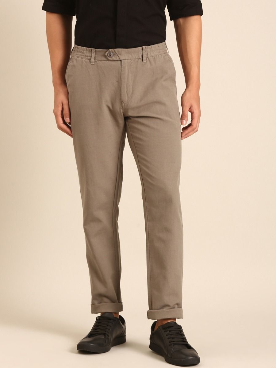 CAVALLO by Linen Club Men's Blended Linen Brown Solid Contemporary Fit Casual Trouser