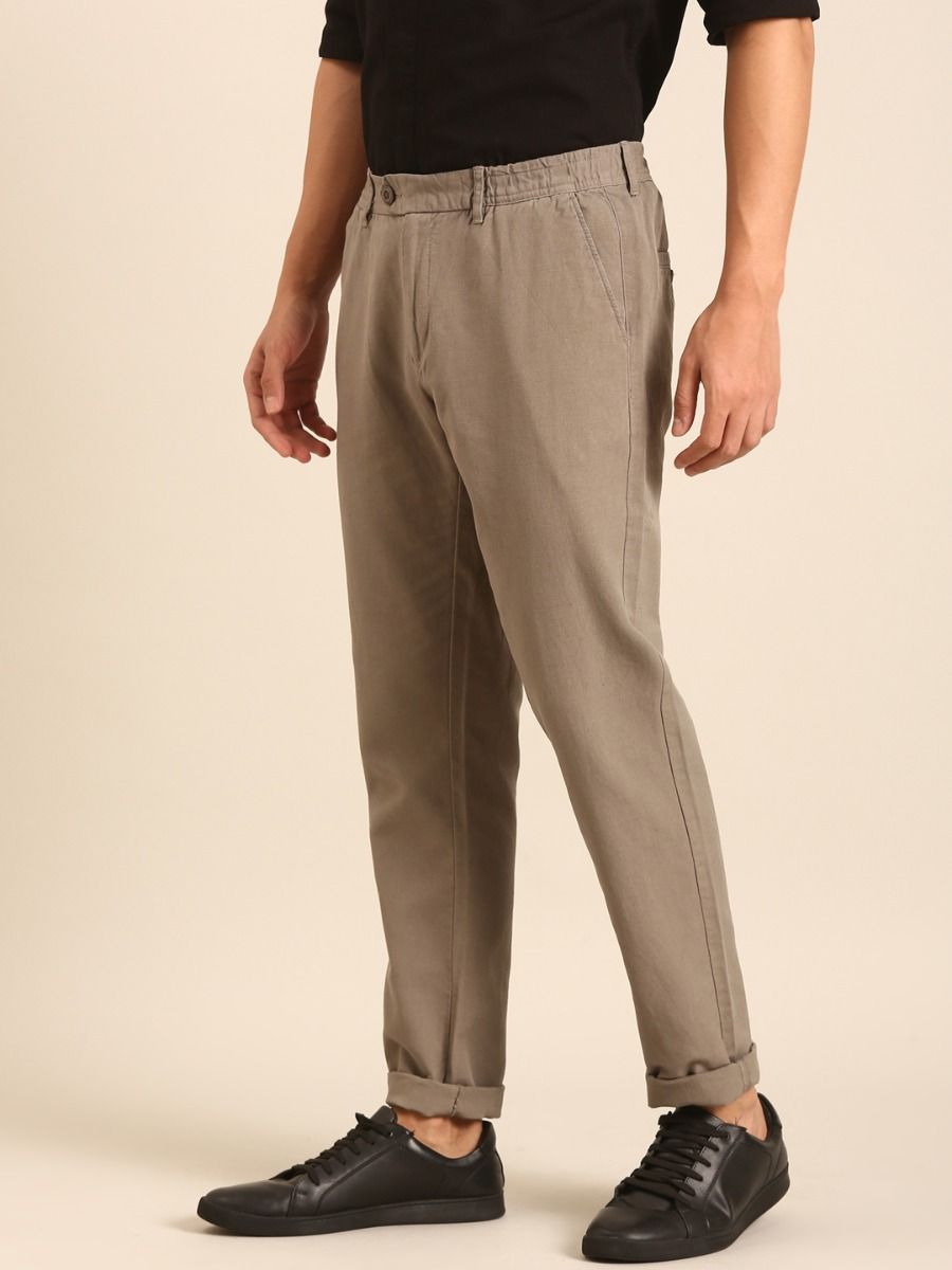 CAVALLO by Linen Club Men's Blended Linen Brown Solid Contemporary Fit Casual Trouser