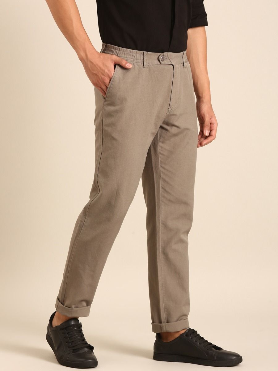 CAVALLO by Linen Club Men's Blended Linen Brown Solid Contemporary Fit Casual Trouser