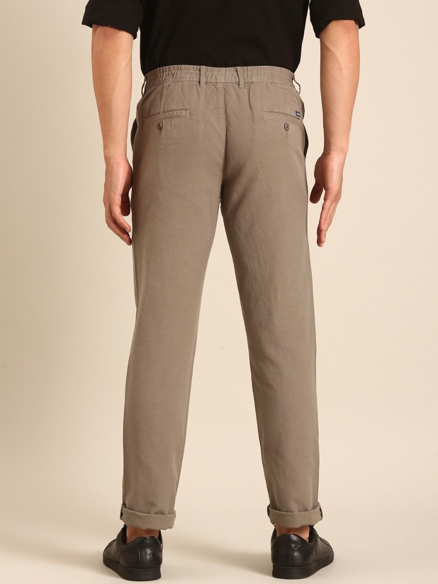 CAVALLO by Linen Club Men's Blended Linen Brown Solid Contemporary Fit Casual Trouser