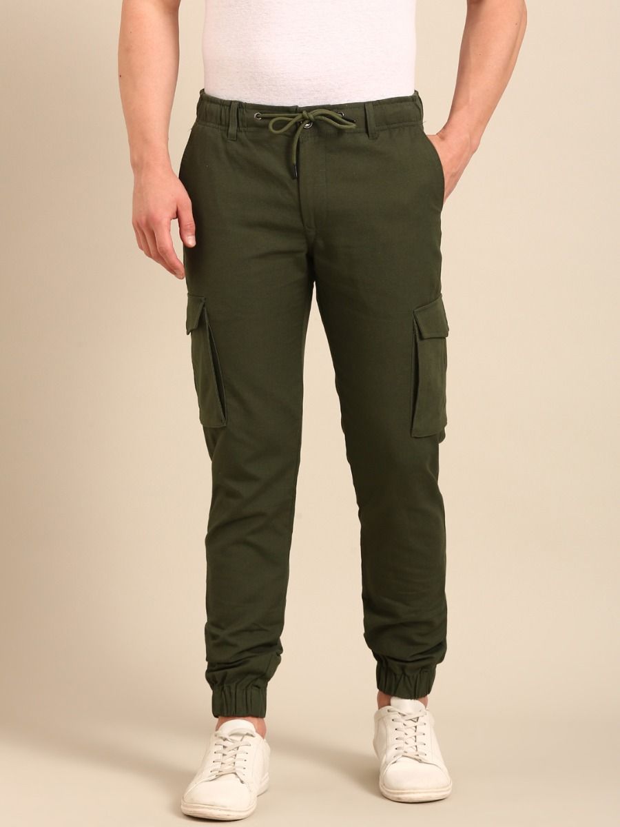 CAVALLO By Linen Club Men's Solid Olive Slim Fit Casual Trouser