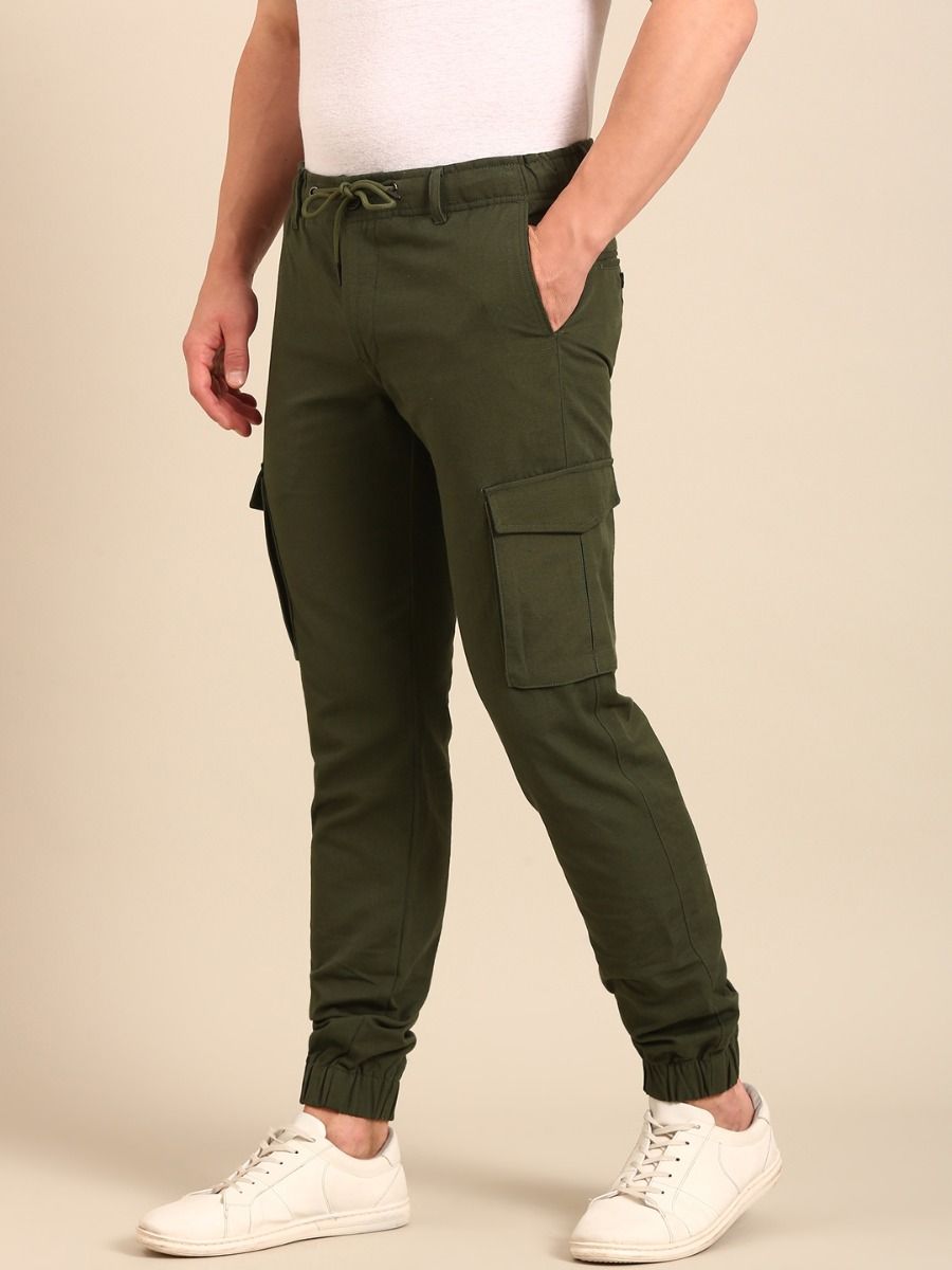 CAVALLO By Linen Club Men's Solid Olive Slim Fit Casual Trouser
