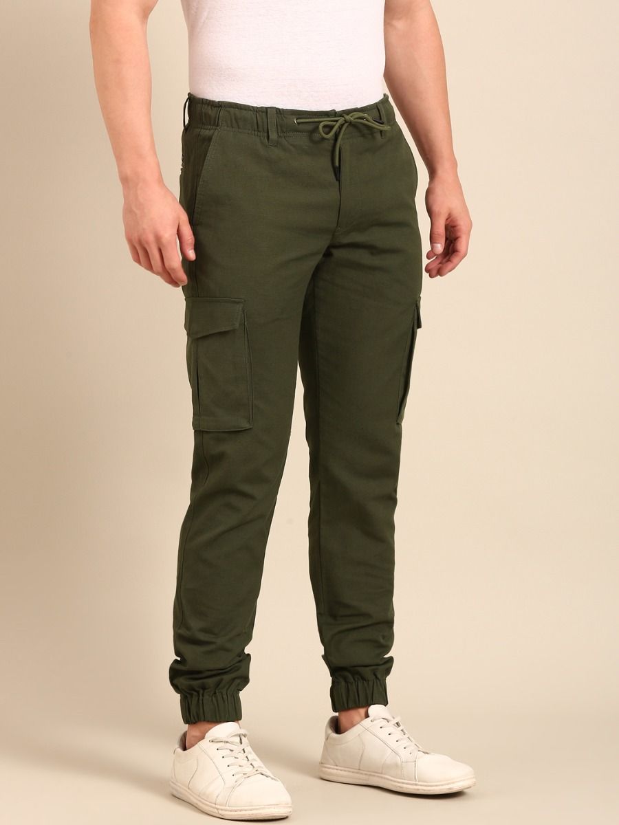 CAVALLO By Linen Club Men's Solid Olive Slim Fit Casual Trouser