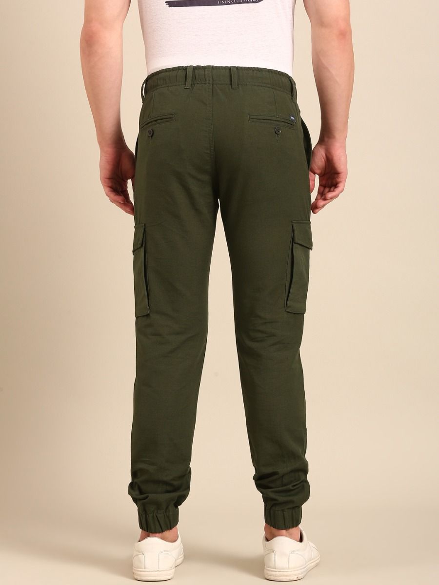 CAVALLO By Linen Club Men's Solid Olive Slim Fit Casual Trouser