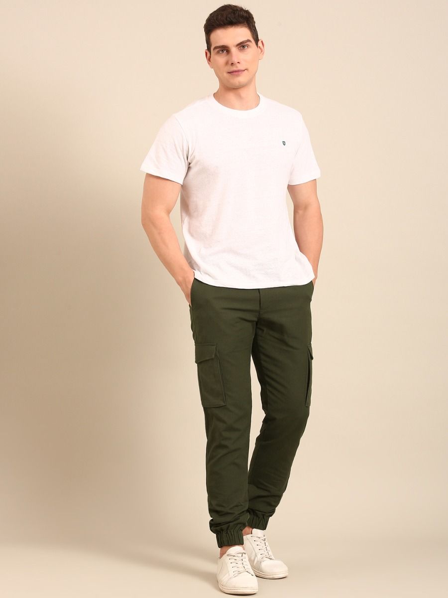CAVALLO By Linen Club Men's Solid Olive Slim Fit Casual Trouser