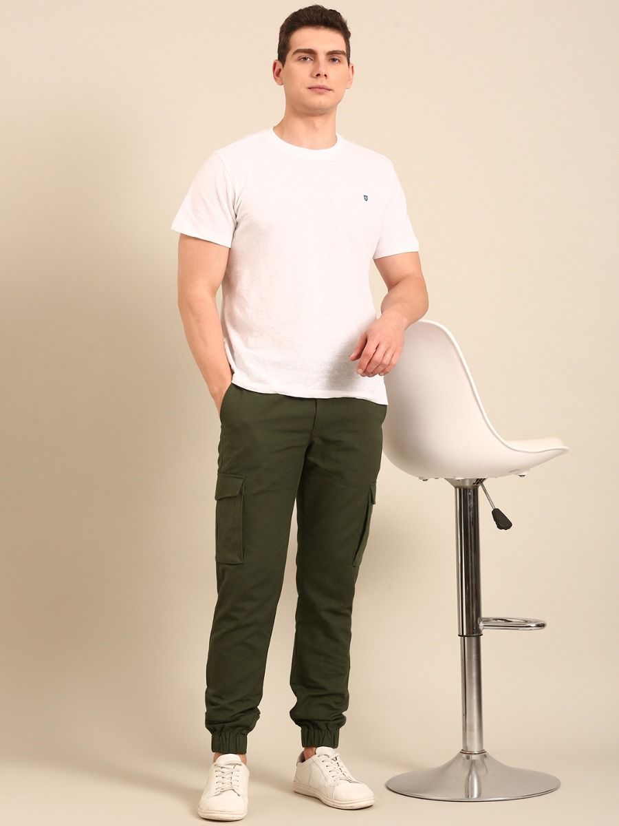 CAVALLO By Linen Club Men's Solid Olive Slim Fit Casual Trouser