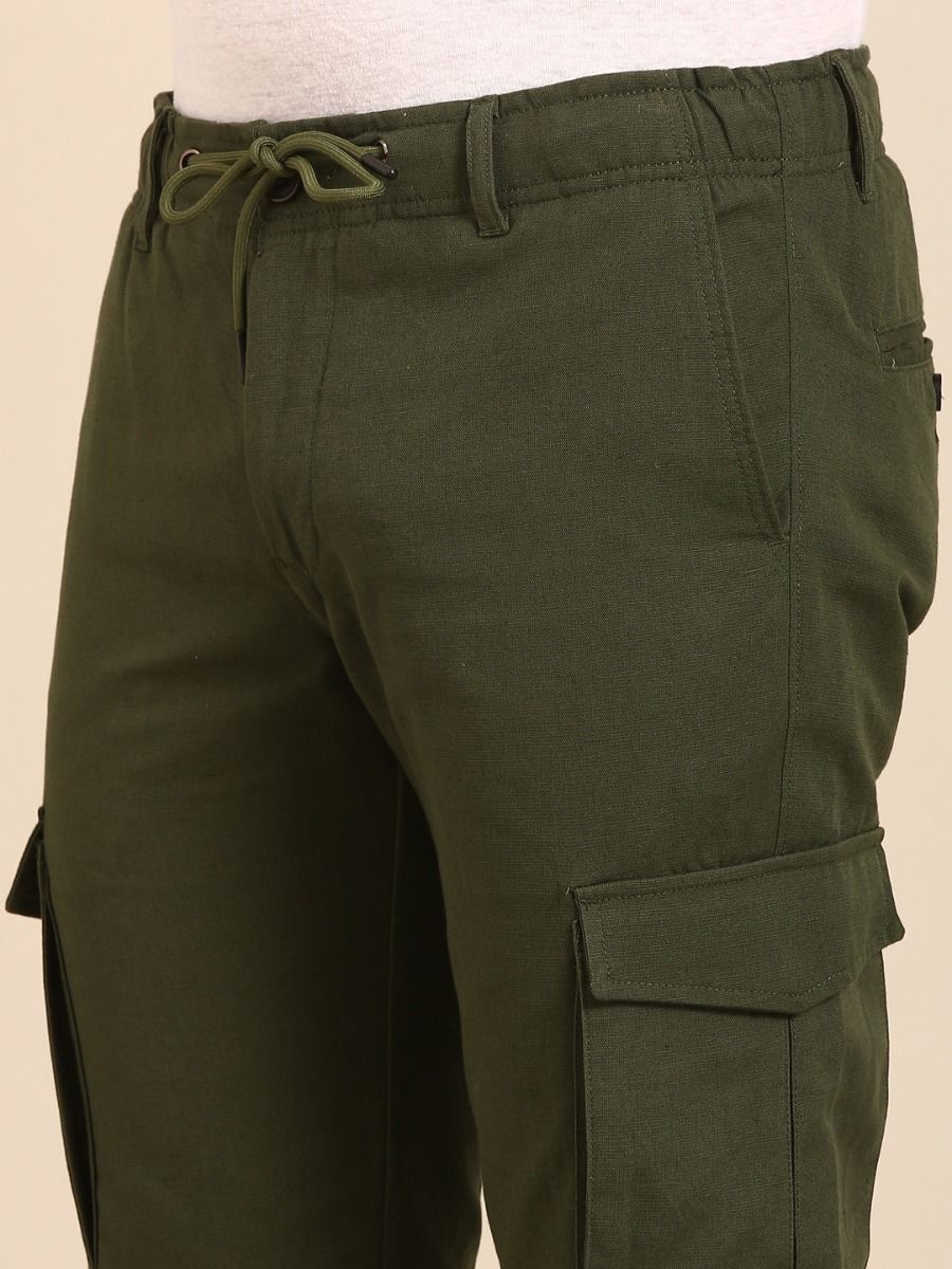 CAVALLO By Linen Club Men's Solid Olive Slim Fit Casual Trouser