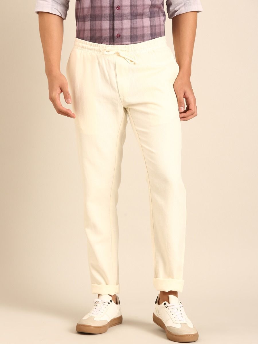 CAVALLO by Linen Club Men's Blended Linen Off White Solid Contemporary Fit Casual Trouser