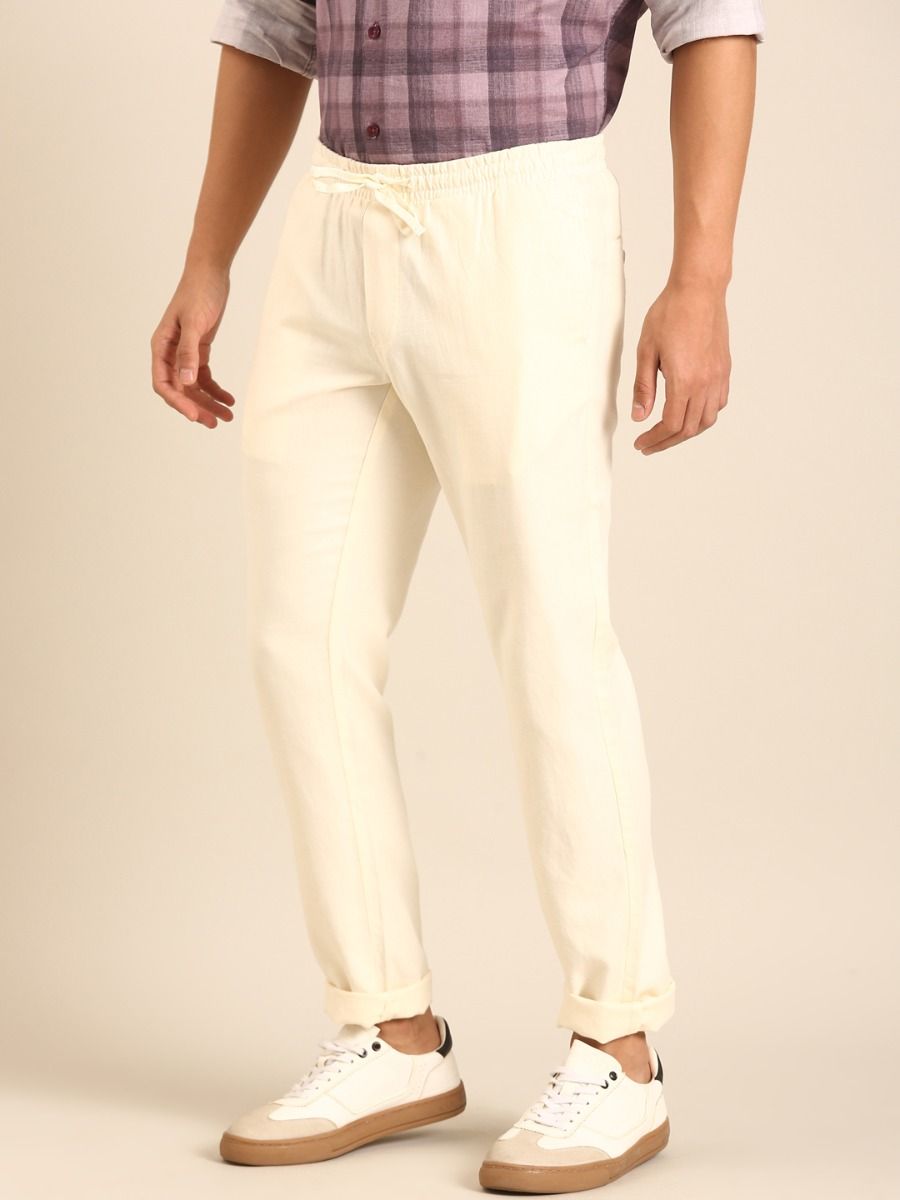 CAVALLO by Linen Club Men's Blended Linen Off White Solid Contemporary Fit Casual Trouser