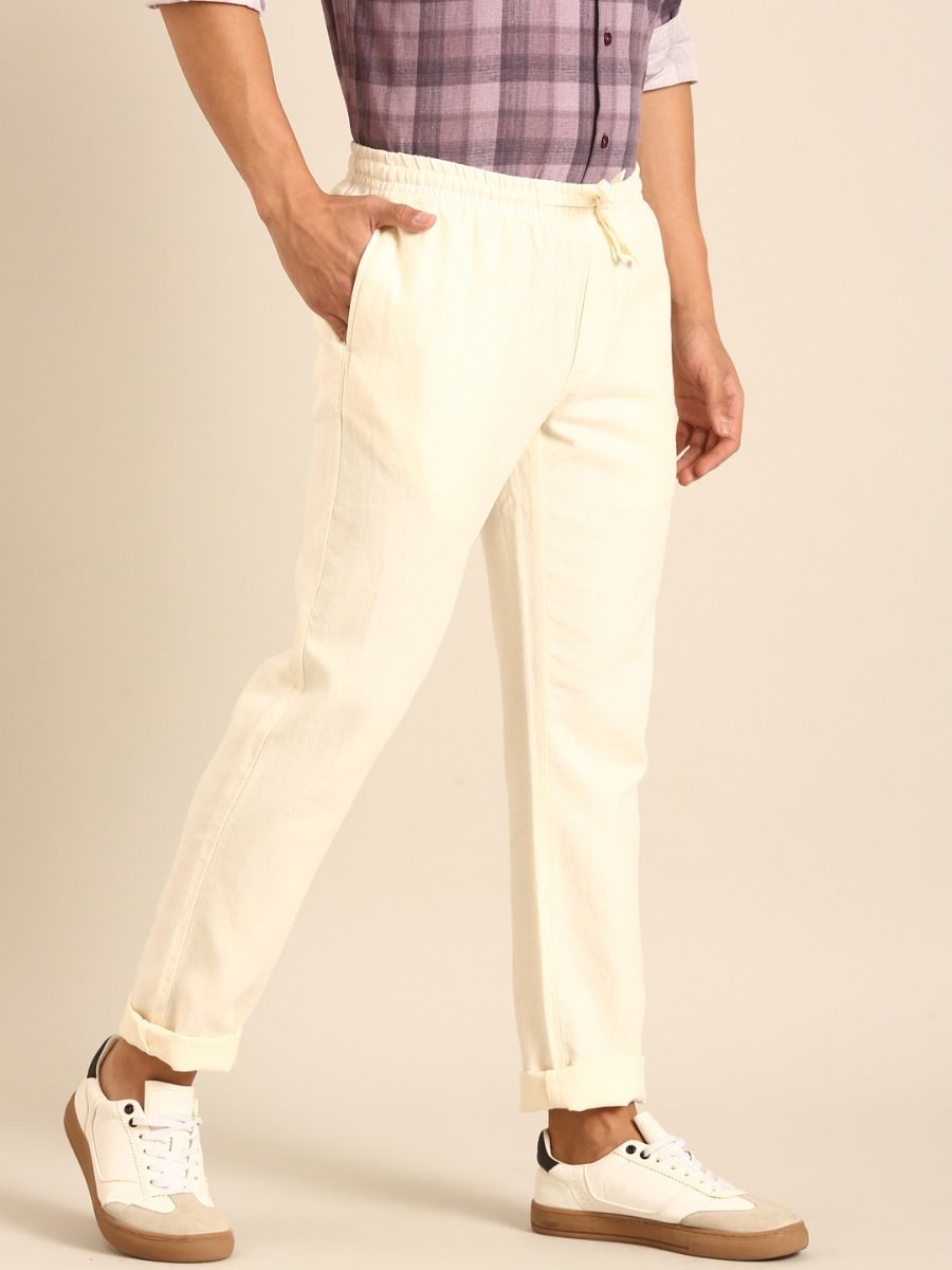 CAVALLO by Linen Club Men's Blended Linen Off White Solid Contemporary Fit Casual Trouser