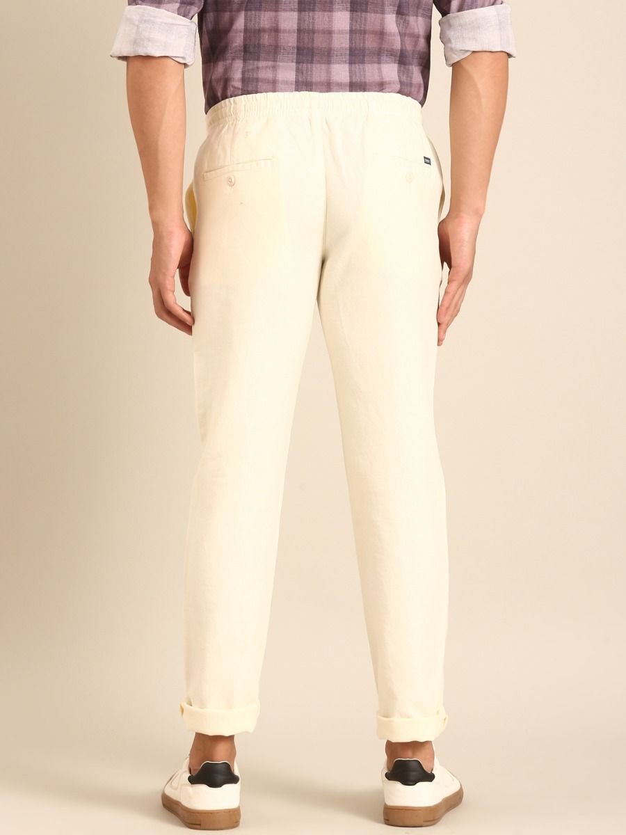CAVALLO by Linen Club Men's Blended Linen Off White Solid Contemporary Fit Casual Trouser