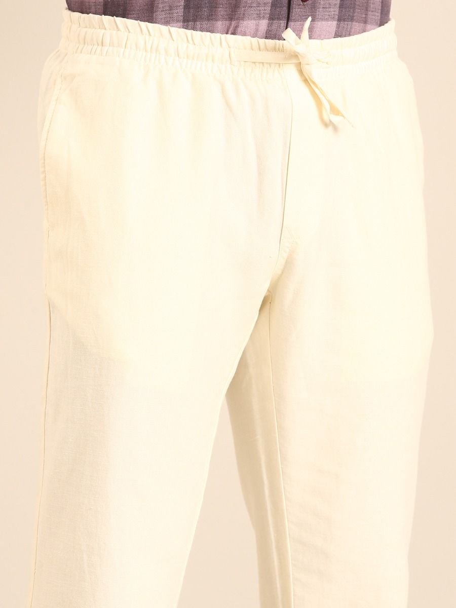 CAVALLO by Linen Club Men's Blended Linen Off White Solid Contemporary Fit Casual Trouser