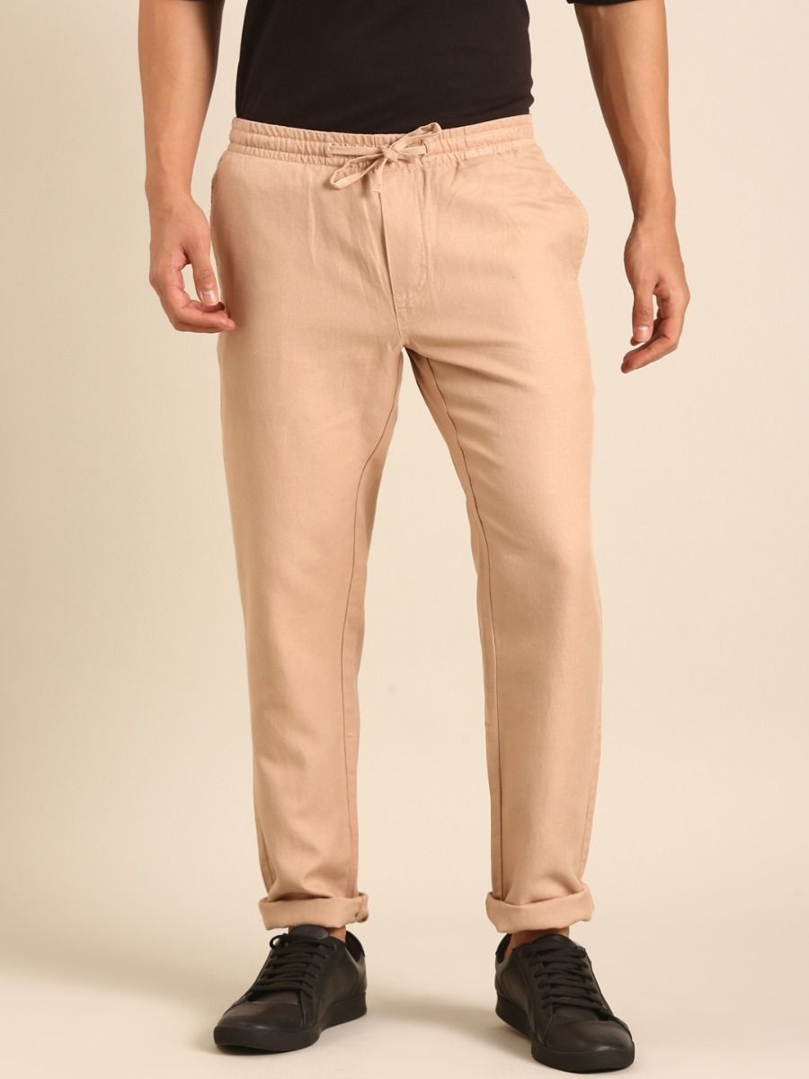 CAVALLO by Linen Club Men's Blended Linen Light Brown Solid Contemporary Fit Casual Trouser