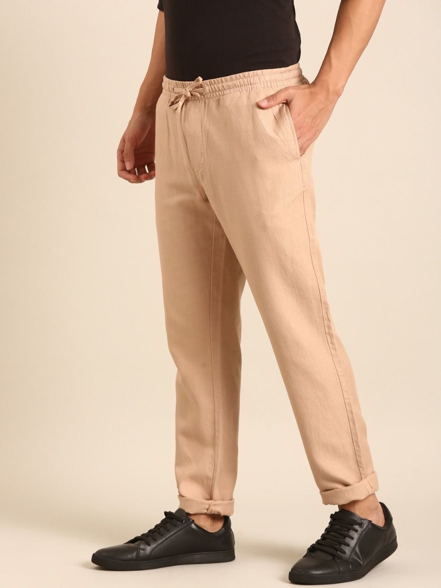 CAVALLO by Linen Club Men's Blended Linen Light Brown Solid Contemporary Fit Casual Trouser