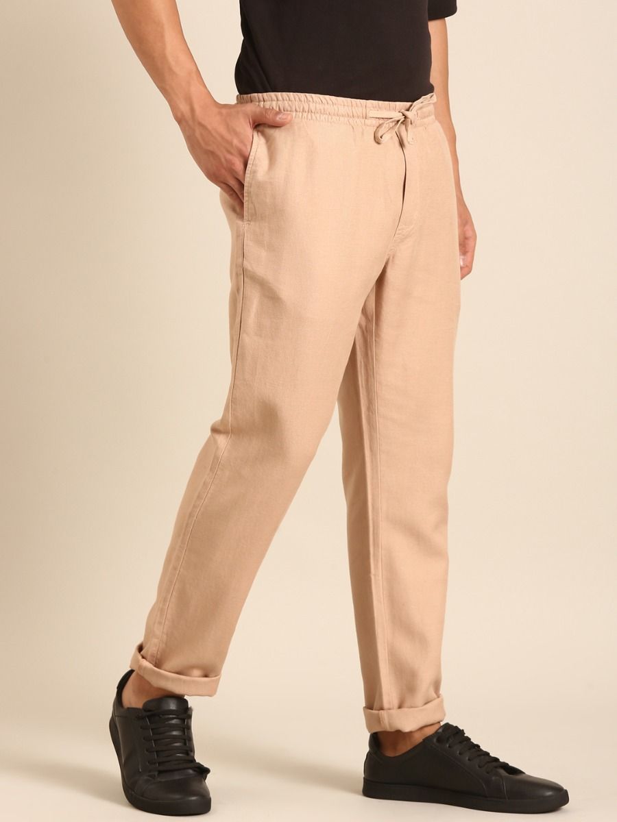 CAVALLO by Linen Club Men's Blended Linen Light Brown Solid Contemporary Fit Casual Trouser