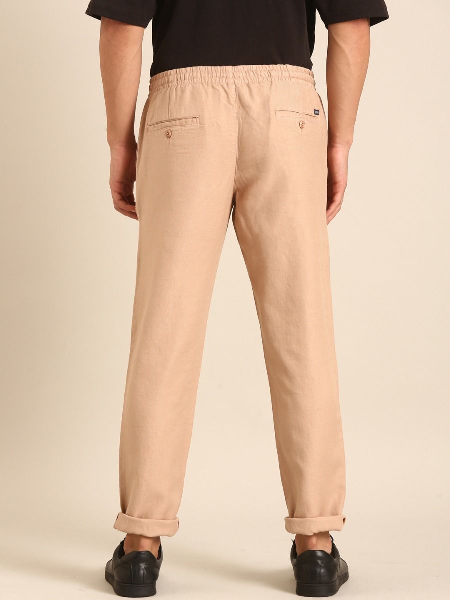 CAVALLO by Linen Club Men's Blended Linen Light Brown Solid Contemporary Fit Casual Trouser