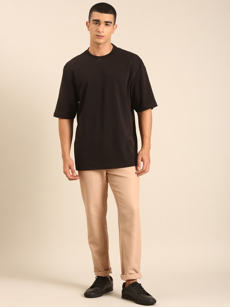 CAVALLO by Linen Club Men's Blended Linen Light Brown Solid Contemporary Fit Casual Trouser