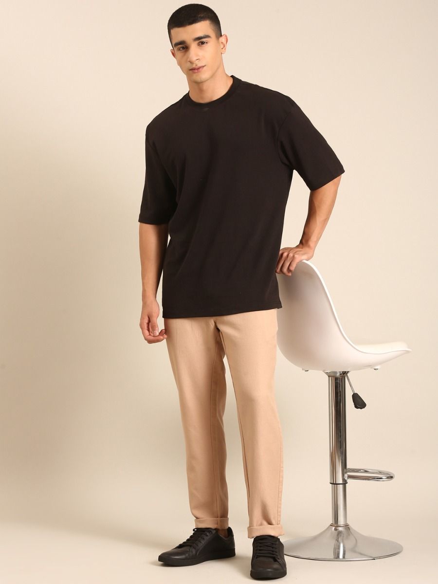 CAVALLO by Linen Club Men's Blended Linen Light Brown Solid Contemporary Fit Casual Trouser