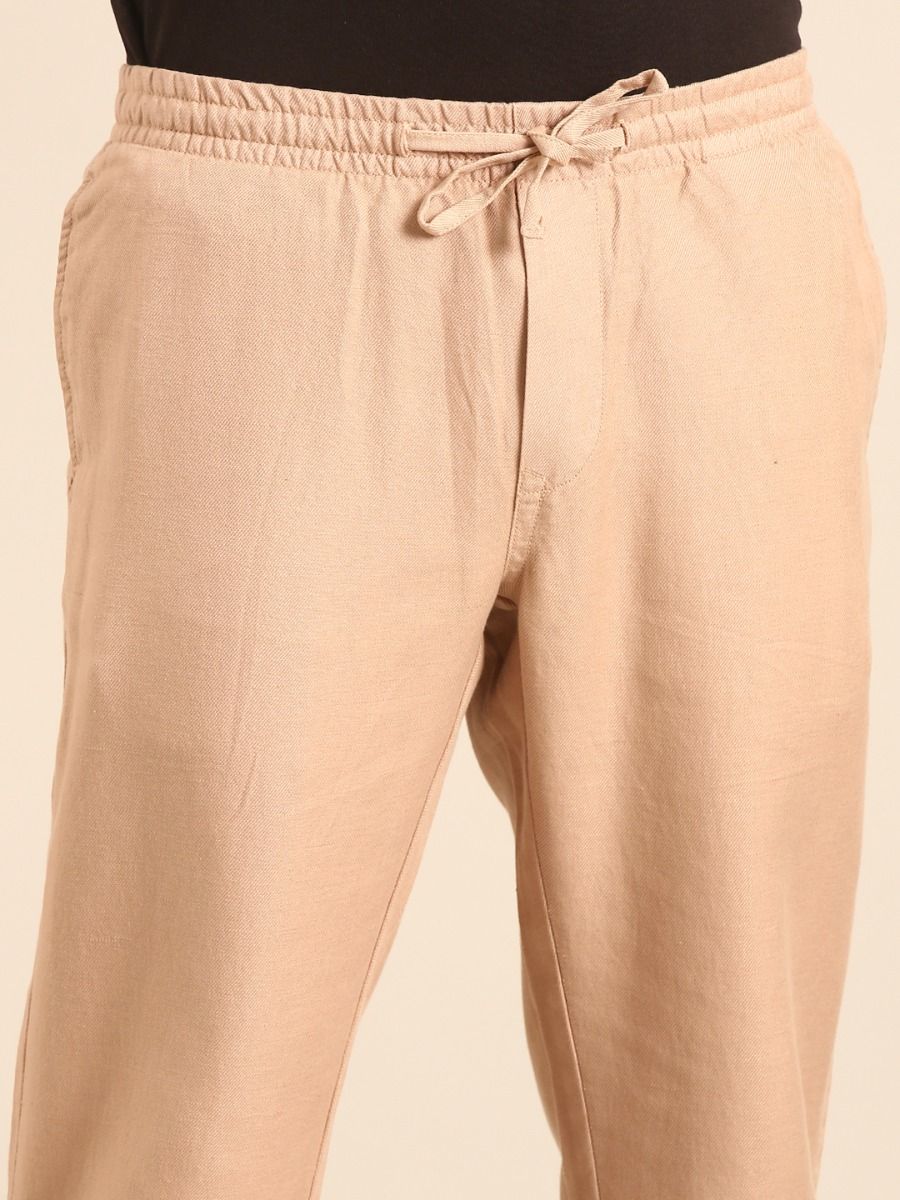 CAVALLO by Linen Club Men's Blended Linen Light Brown Solid Contemporary Fit Casual Trouser