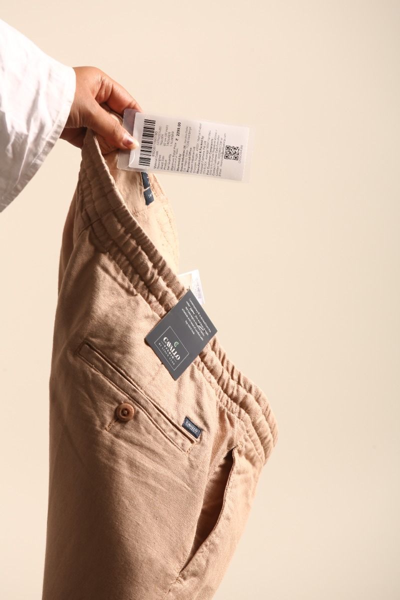 CAVALLO by Linen Club Men's Blended Linen Light Brown Solid Contemporary Fit Casual Trouser