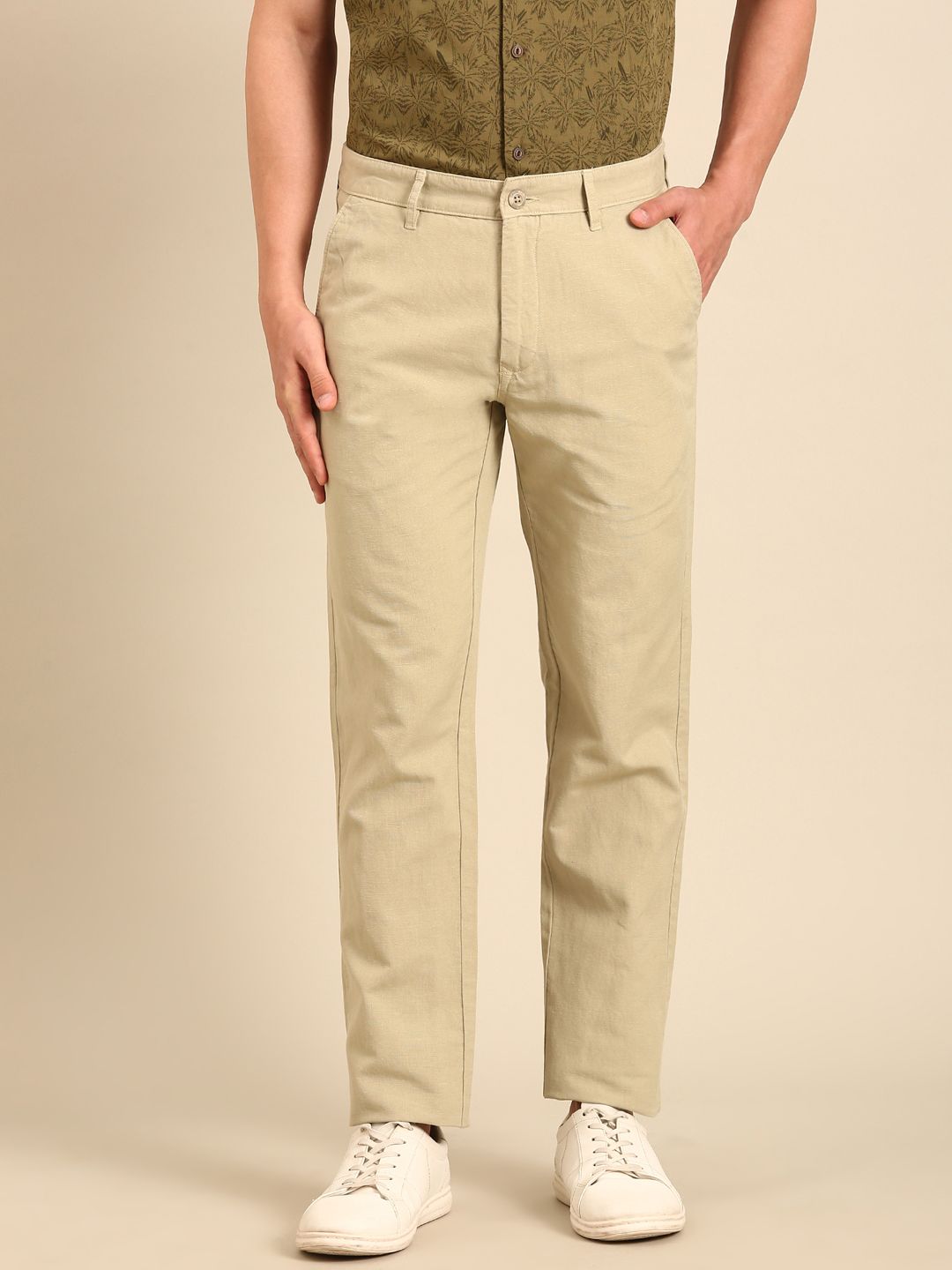 CAVALLO by Linen Club Men's Blended Linen Natural Solid Contemporary Fit Casual Trouser