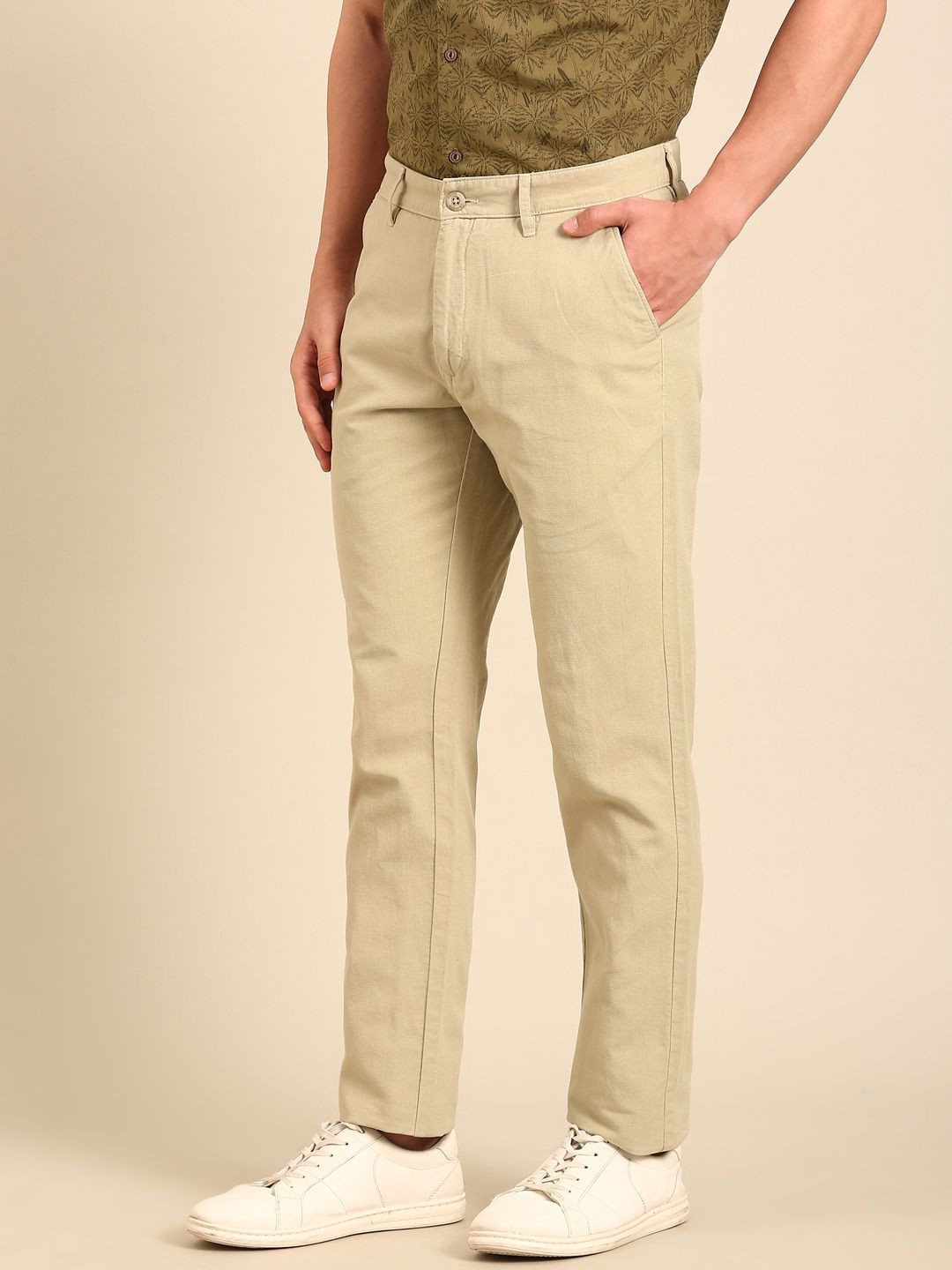 CAVALLO by Linen Club Men's Blended Linen Natural Solid Contemporary Fit Casual Trouser