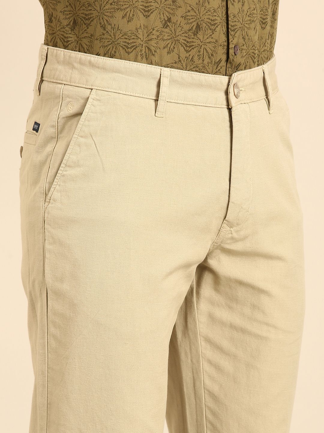 CAVALLO by Linen Club Men's Blended Linen Natural Solid Contemporary Fit Casual Trouser
