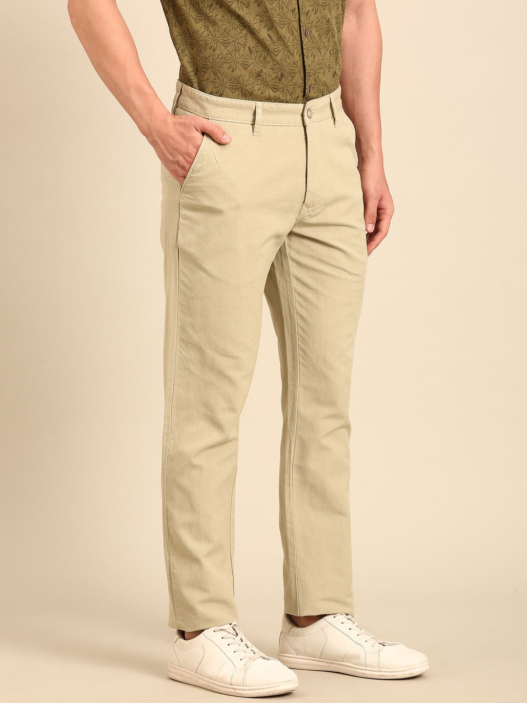 CAVALLO by Linen Club Men's Blended Linen Natural Solid Contemporary Fit Casual Trouser