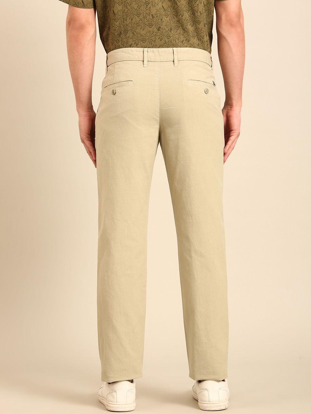 CAVALLO by Linen Club Men's Blended Linen Natural Solid Contemporary Fit Casual Trouser