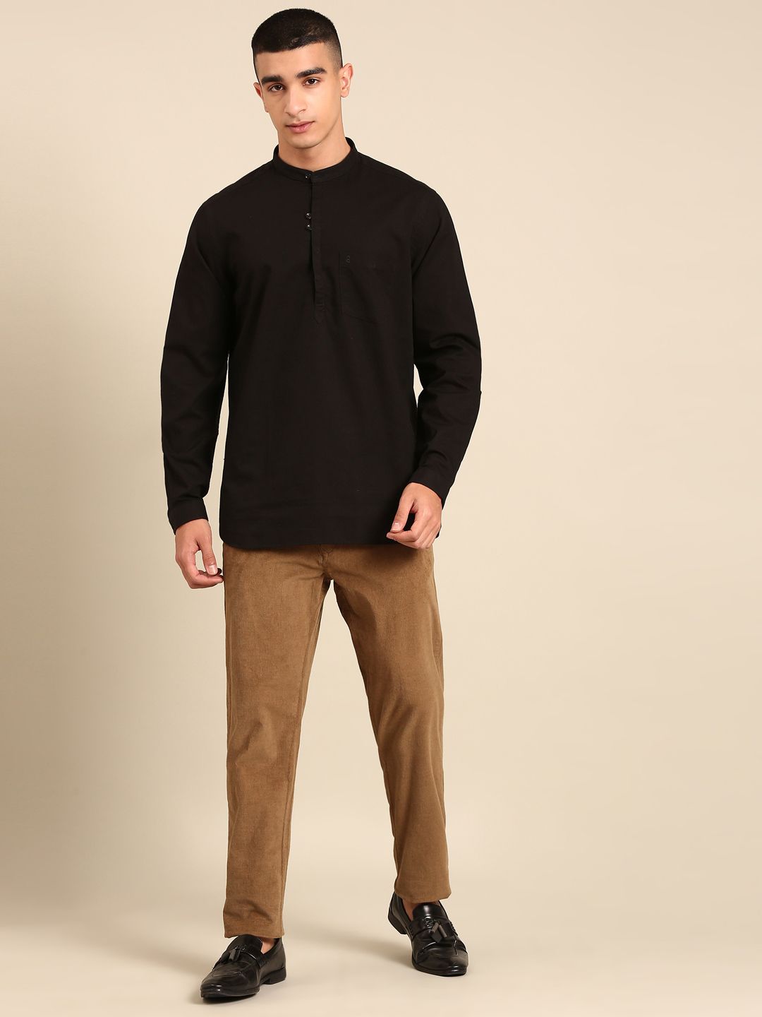 CAVALLO By Linen Club Men's Blended Linen Brown Solid Contemporary Fit Casual Trouser