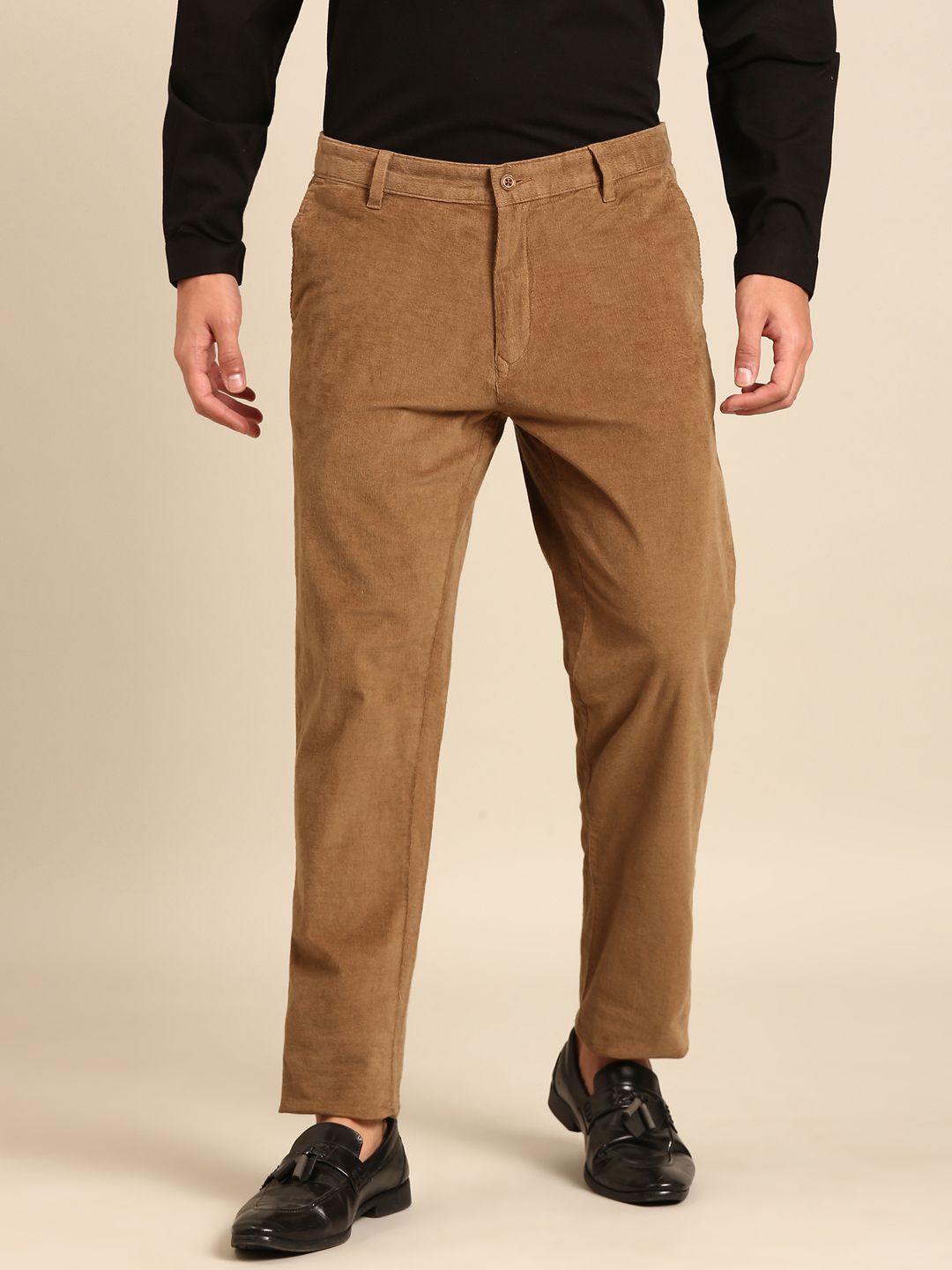 CAVALLO By Linen Club Men's Blended Linen Brown Solid Contemporary Fit Casual Trouser