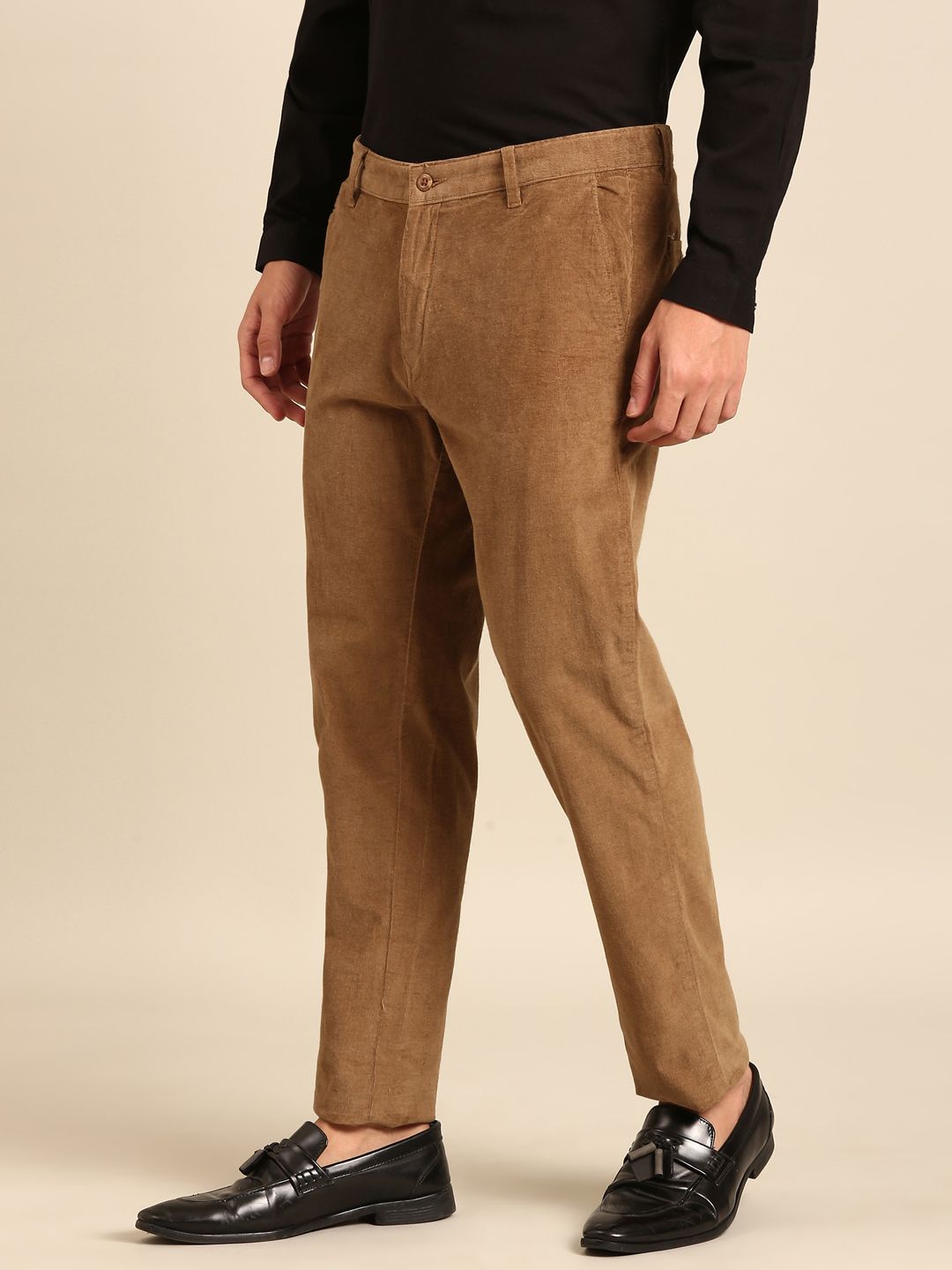 CAVALLO By Linen Club Men's Blended Linen Brown Solid Contemporary Fit Casual Trouser