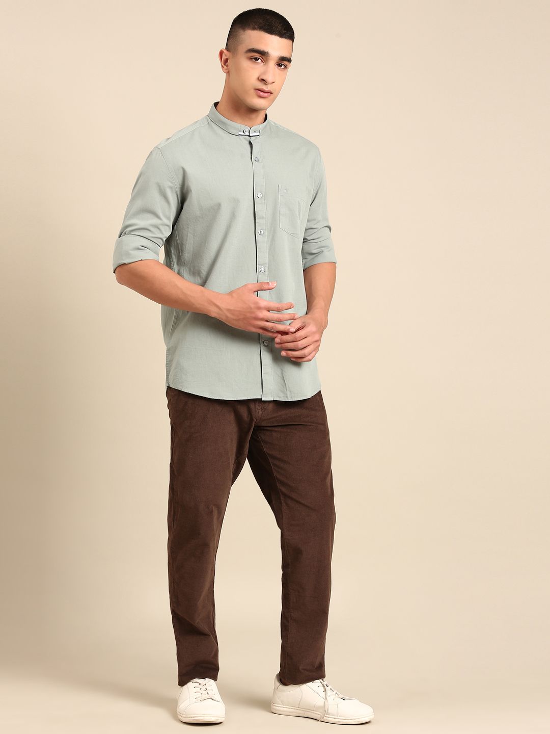 CAVALLO By Linen Club Men's Blended Linen Brown Solid Contemporary Fit Casual Trouser