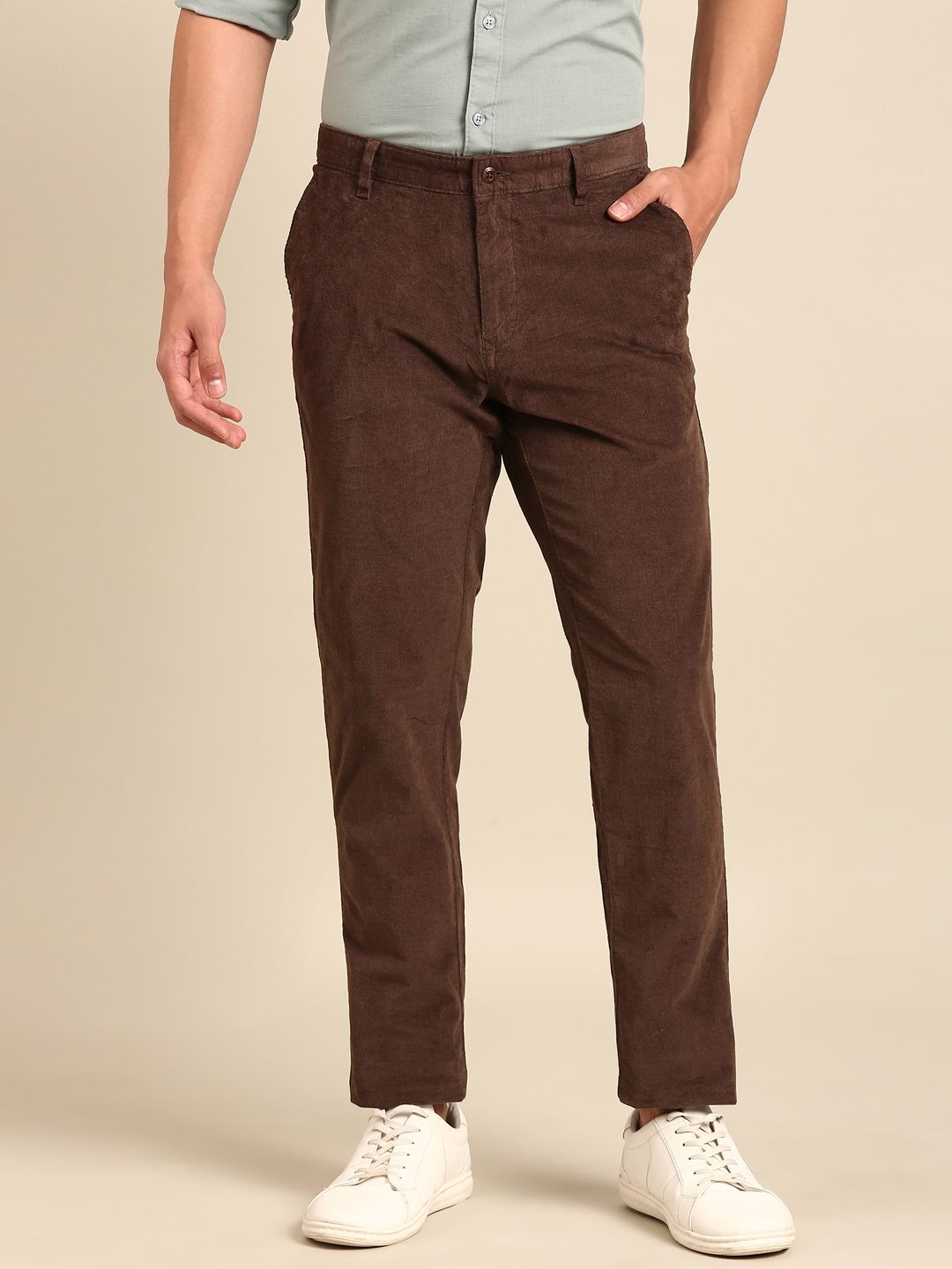 CAVALLO By Linen Club Men's Blended Linen Brown Solid Contemporary Fit Casual Trouser