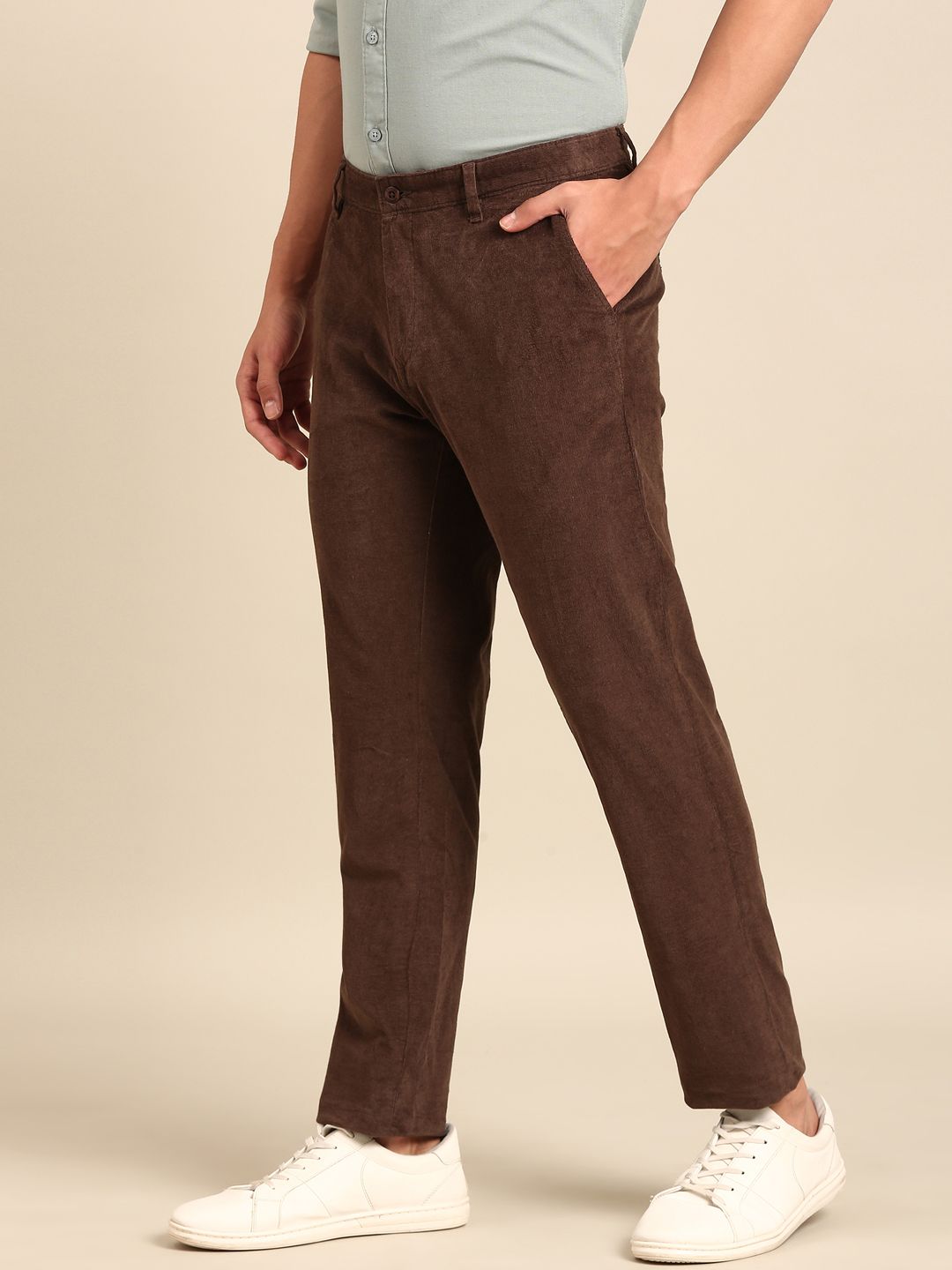 CAVALLO By Linen Club Men's Blended Linen Brown Solid Contemporary Fit Casual Trouser