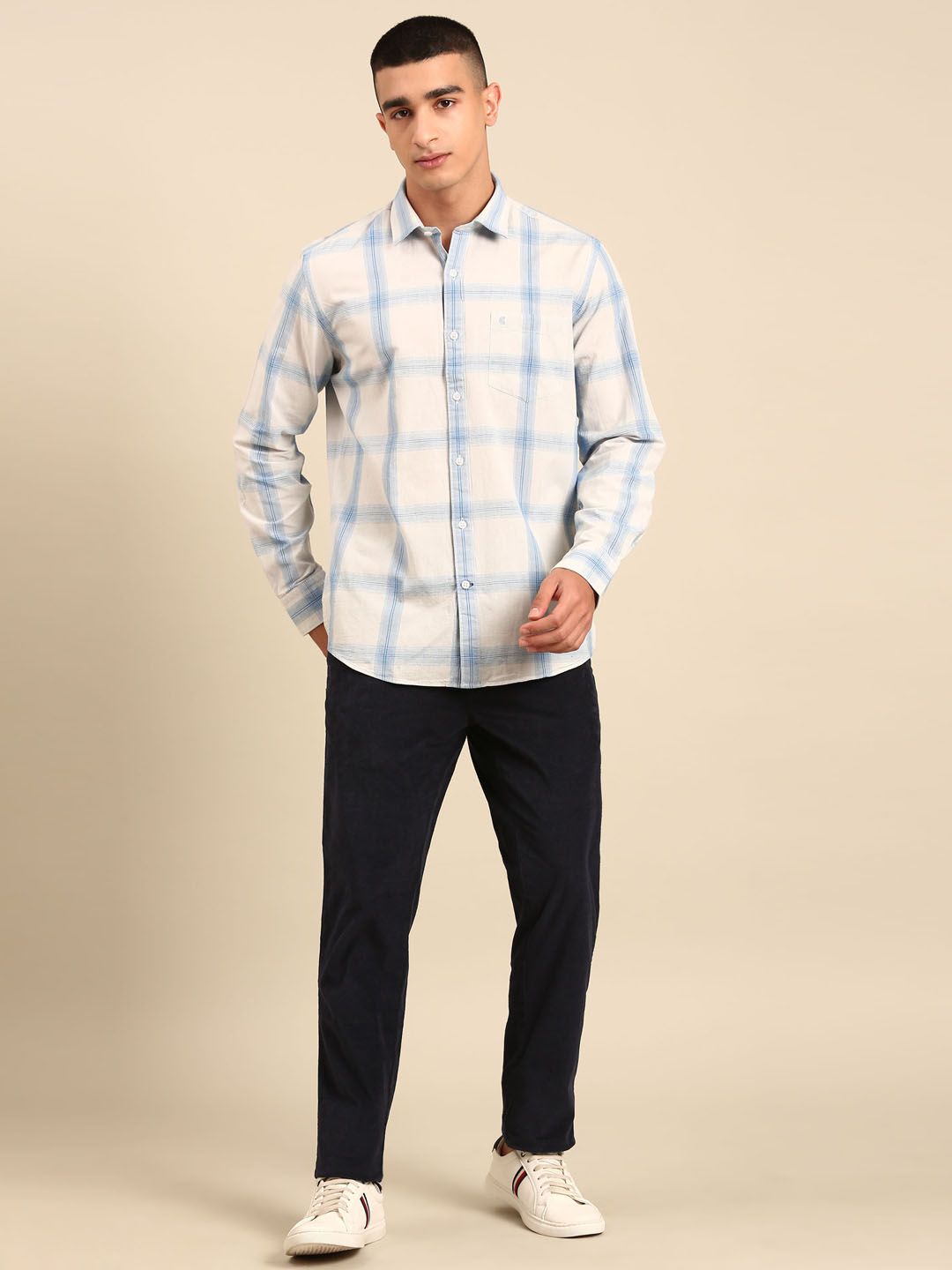 CAVALLO By Linen Club Men's Blended Linen Navy Solid Contemporary Fit Casual Trouser