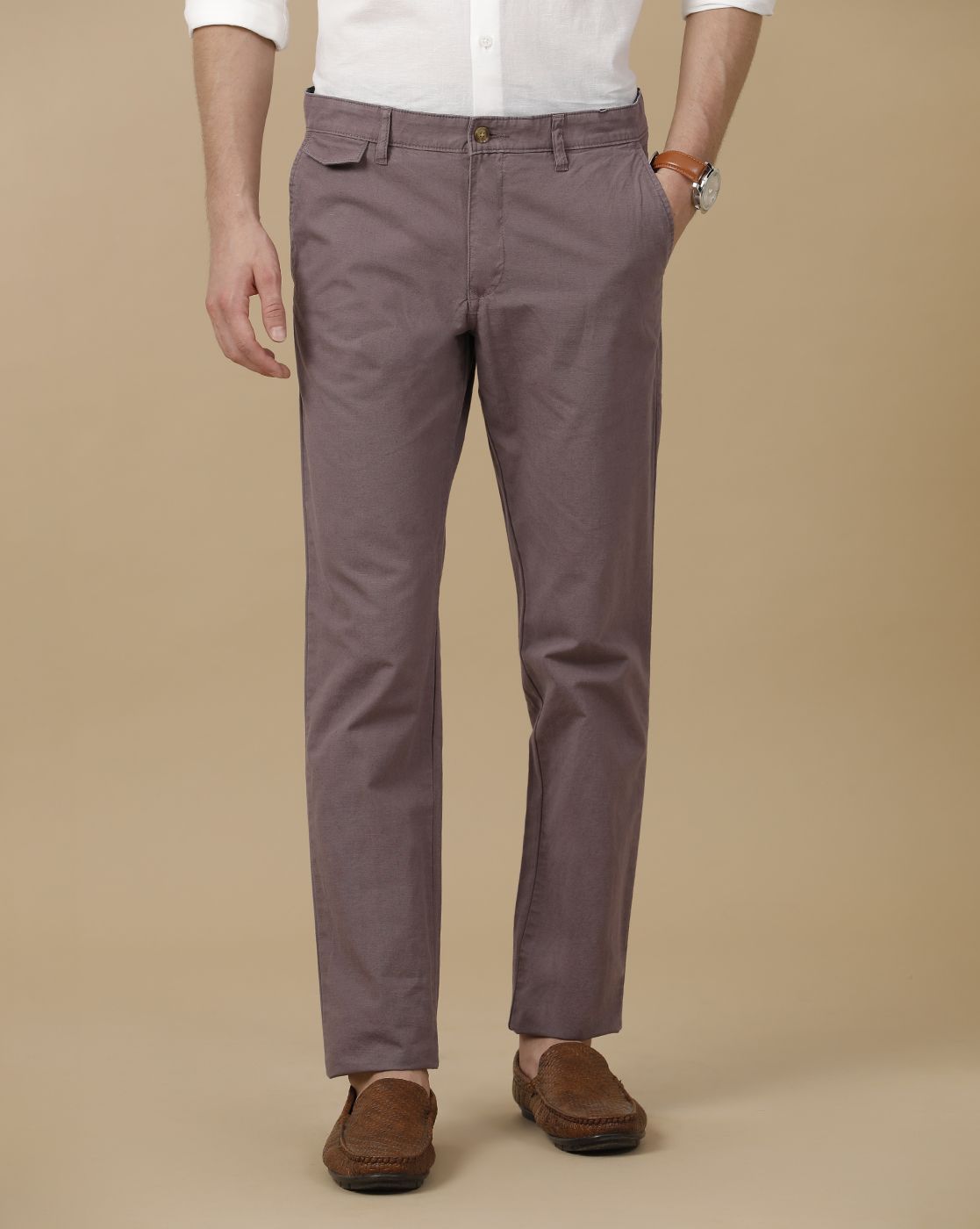 Mens Linen Purple Solid Contemporary Fit Casual Trousers