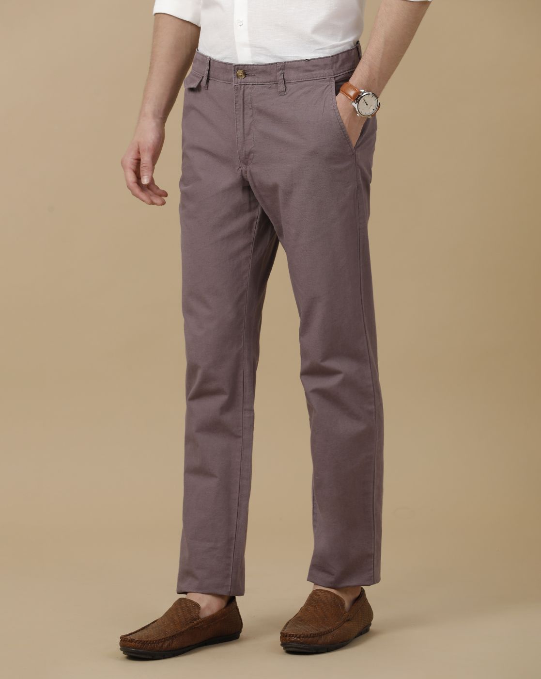 Mens Linen Purple Solid Contemporary Fit Casual Trousers