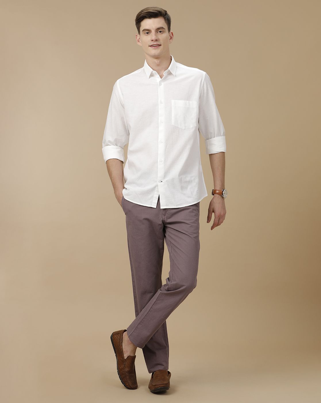 Mens Linen Purple Solid Contemporary Fit Casual Trousers
