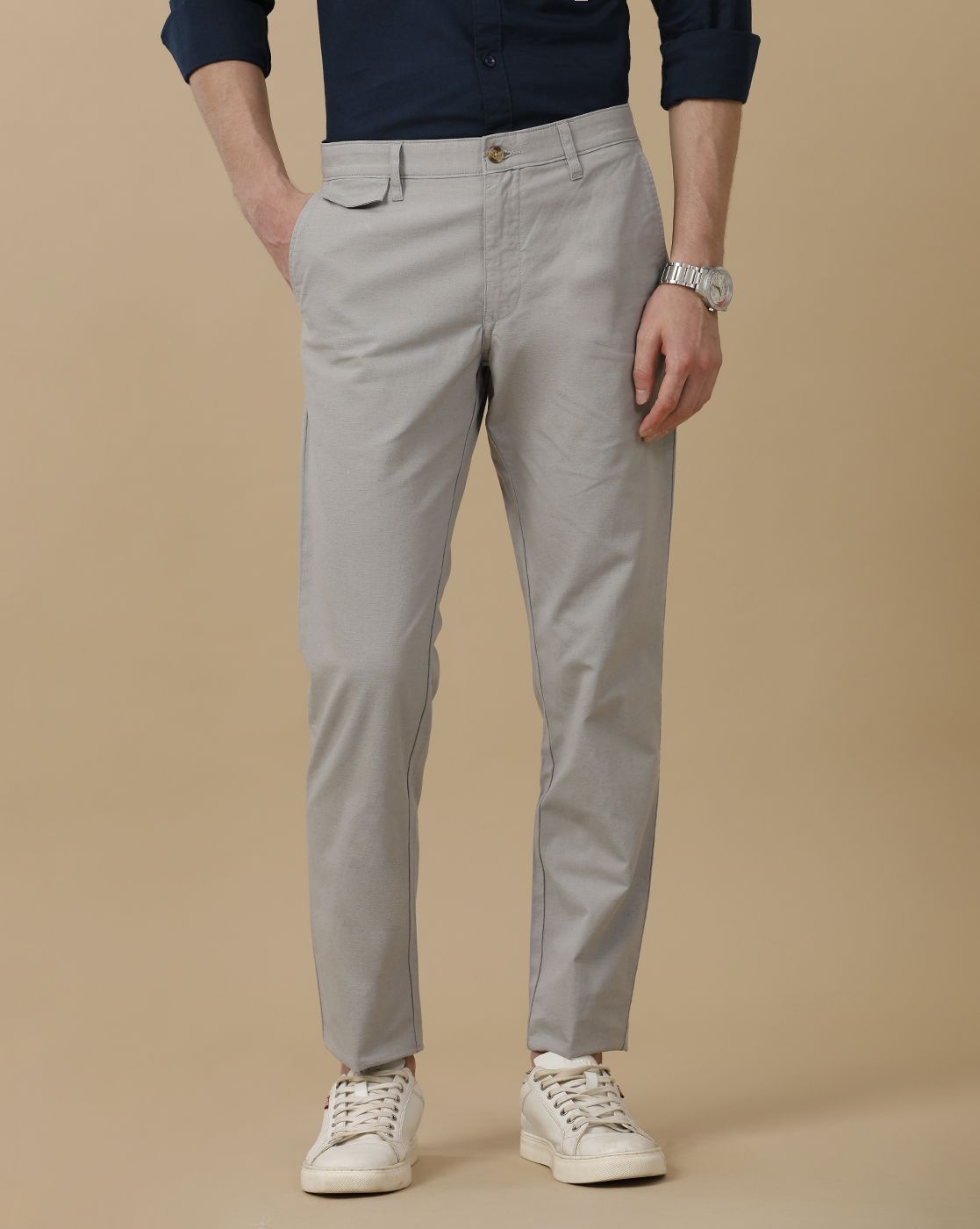 Mens Linen Grey Solid Contemporary Fit Casual Trousers