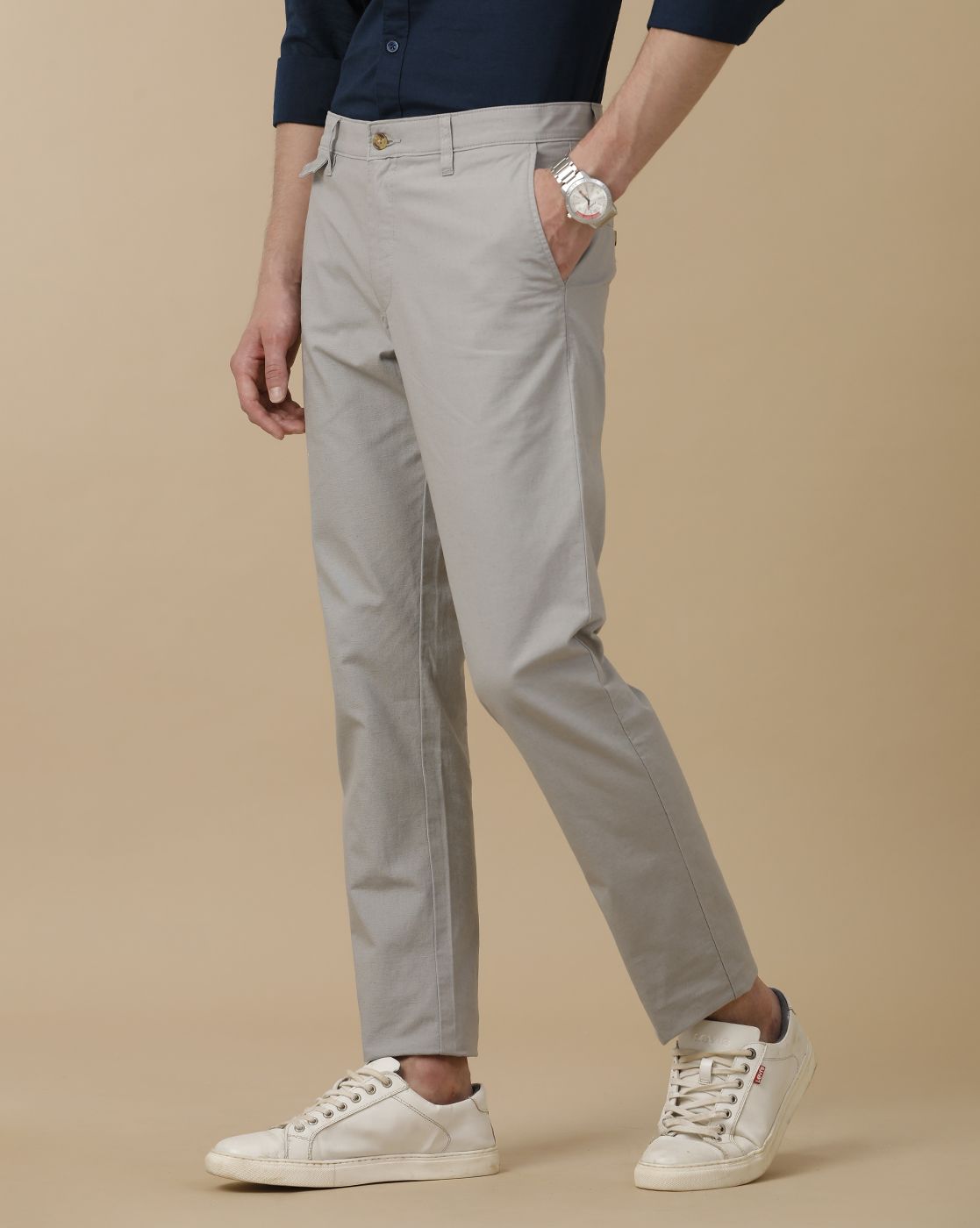 Mens Linen Grey Solid Contemporary Fit Casual Trousers
