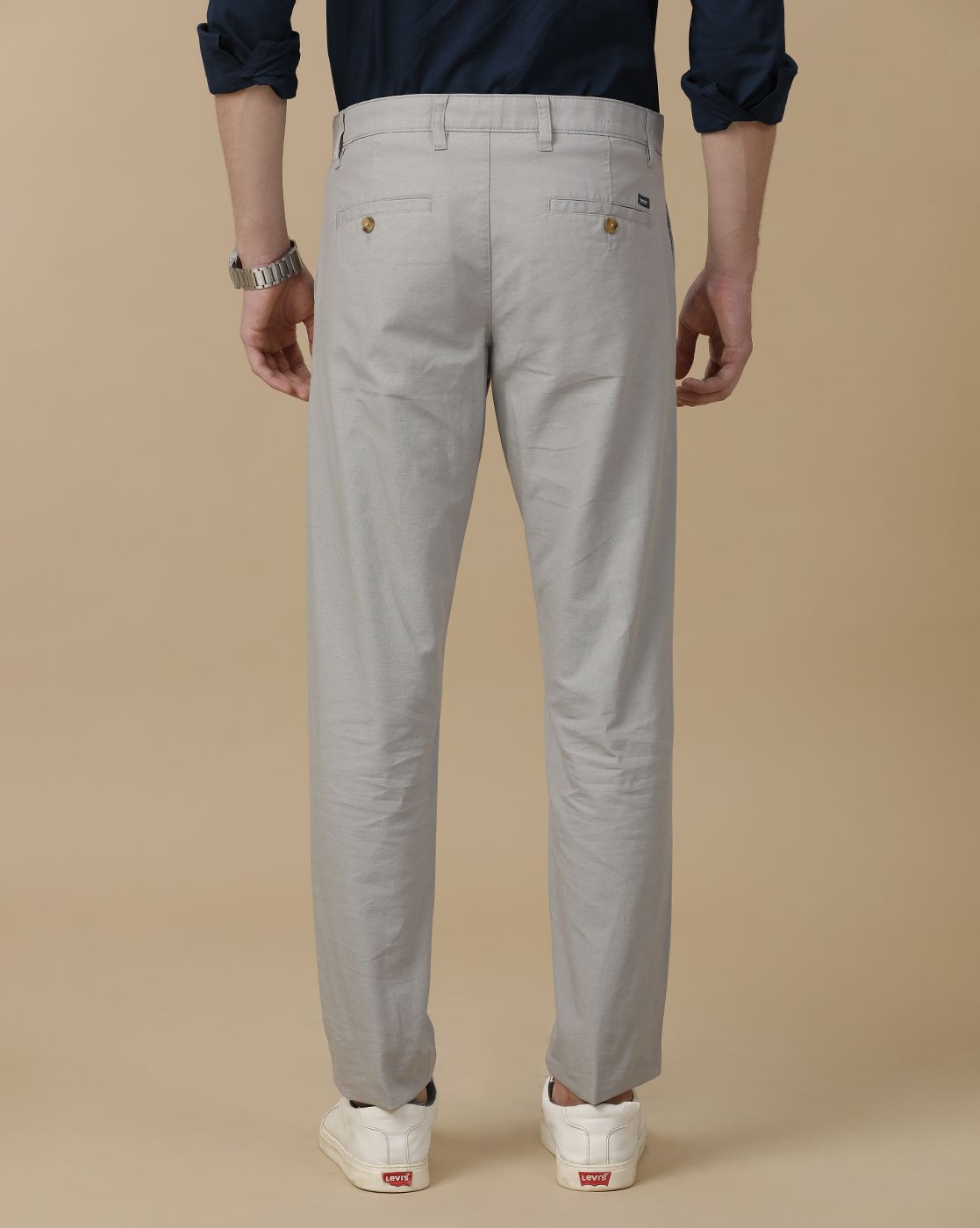 Mens Linen Grey Solid Contemporary Fit Casual Trousers