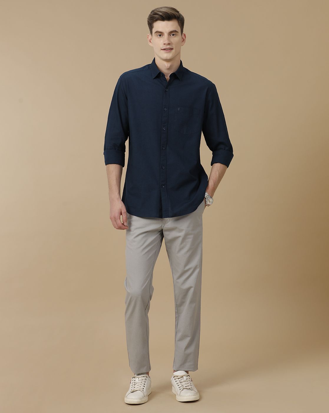 Mens Linen Grey Solid Contemporary Fit Casual Trousers