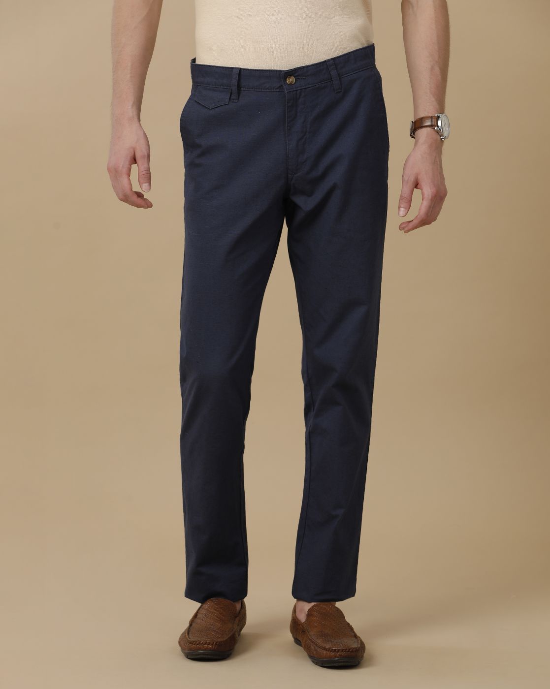 Mens Linen Navy Blue Solid Contemporary Fit Casual Trousers