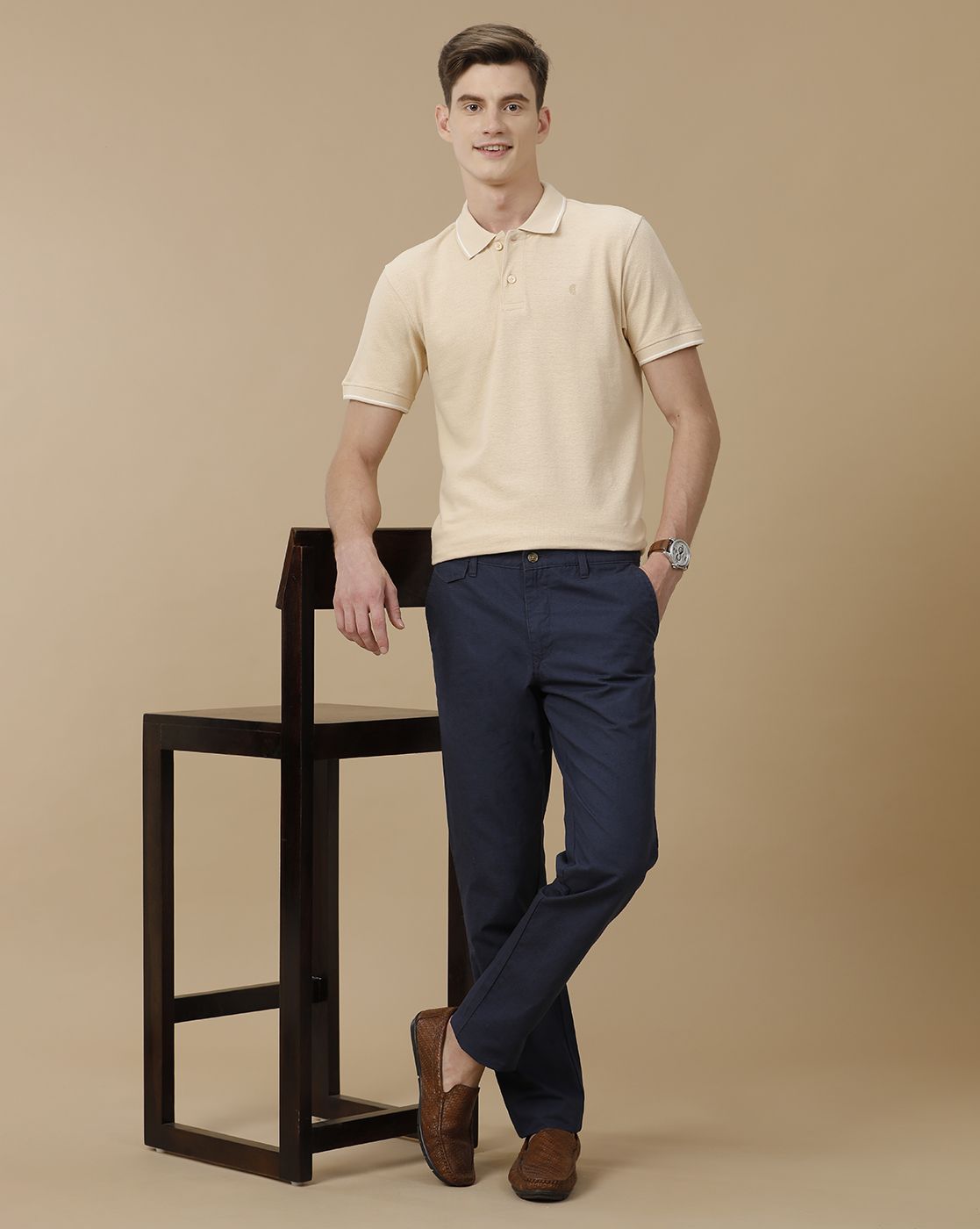 Mens Linen Navy Blue Solid Contemporary Fit Casual Trousers