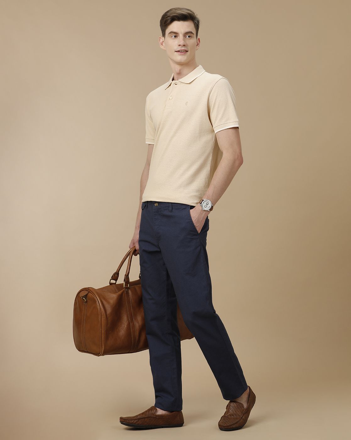 Mens Linen Navy Blue Solid Contemporary Fit Casual Trousers