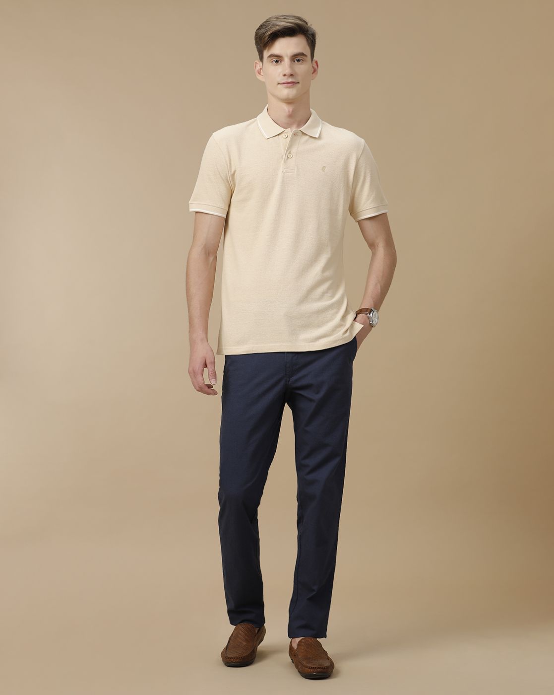 Mens Linen Navy Blue Solid Contemporary Fit Casual Trousers