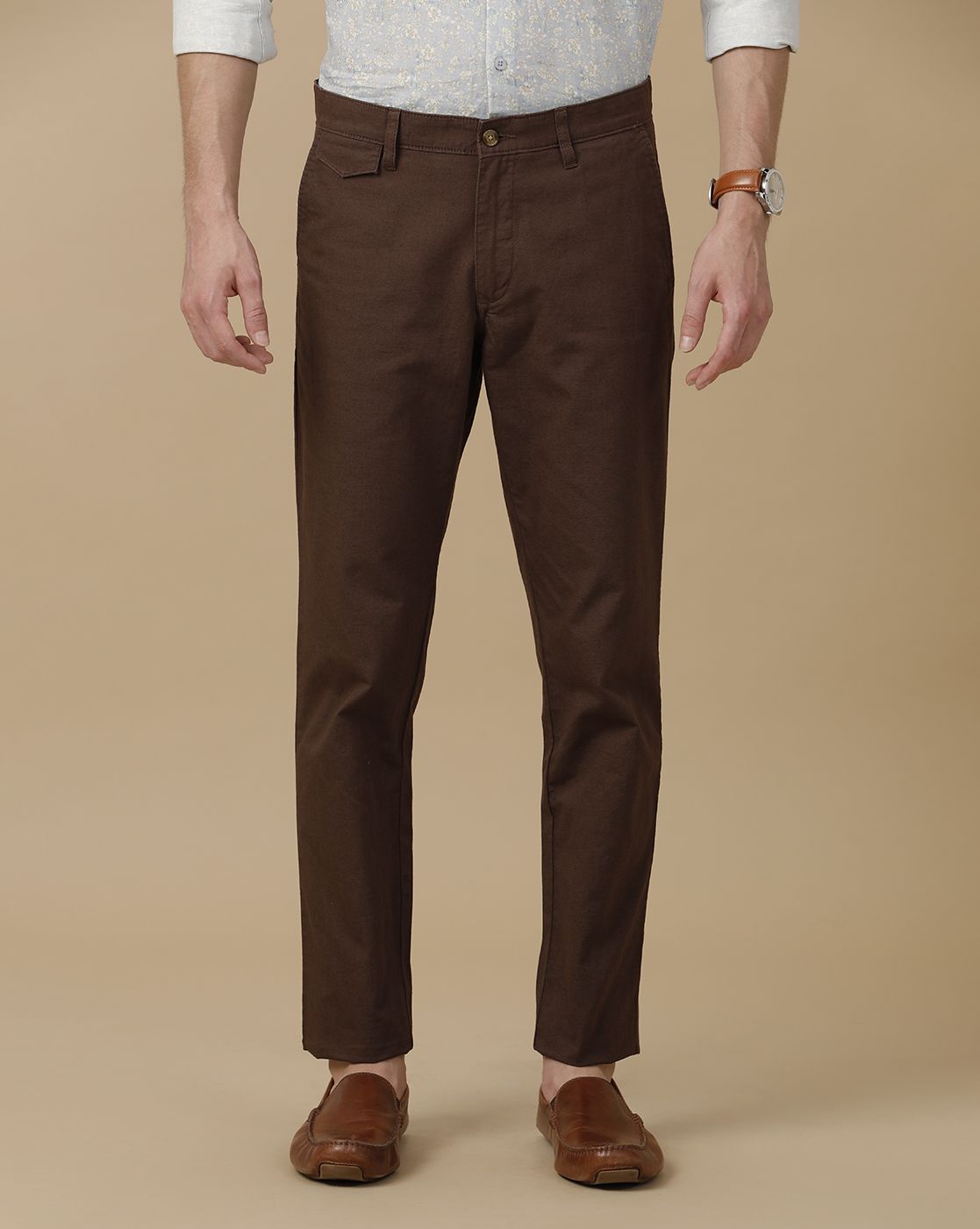 Mens Linen Brown Solid Contemporary Fit Casual Trousers